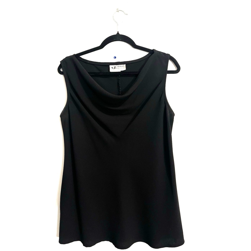Black Sleeveless Cowl Neck Top Womens Draped Neckline Elegant‎ Minimalist Blouse